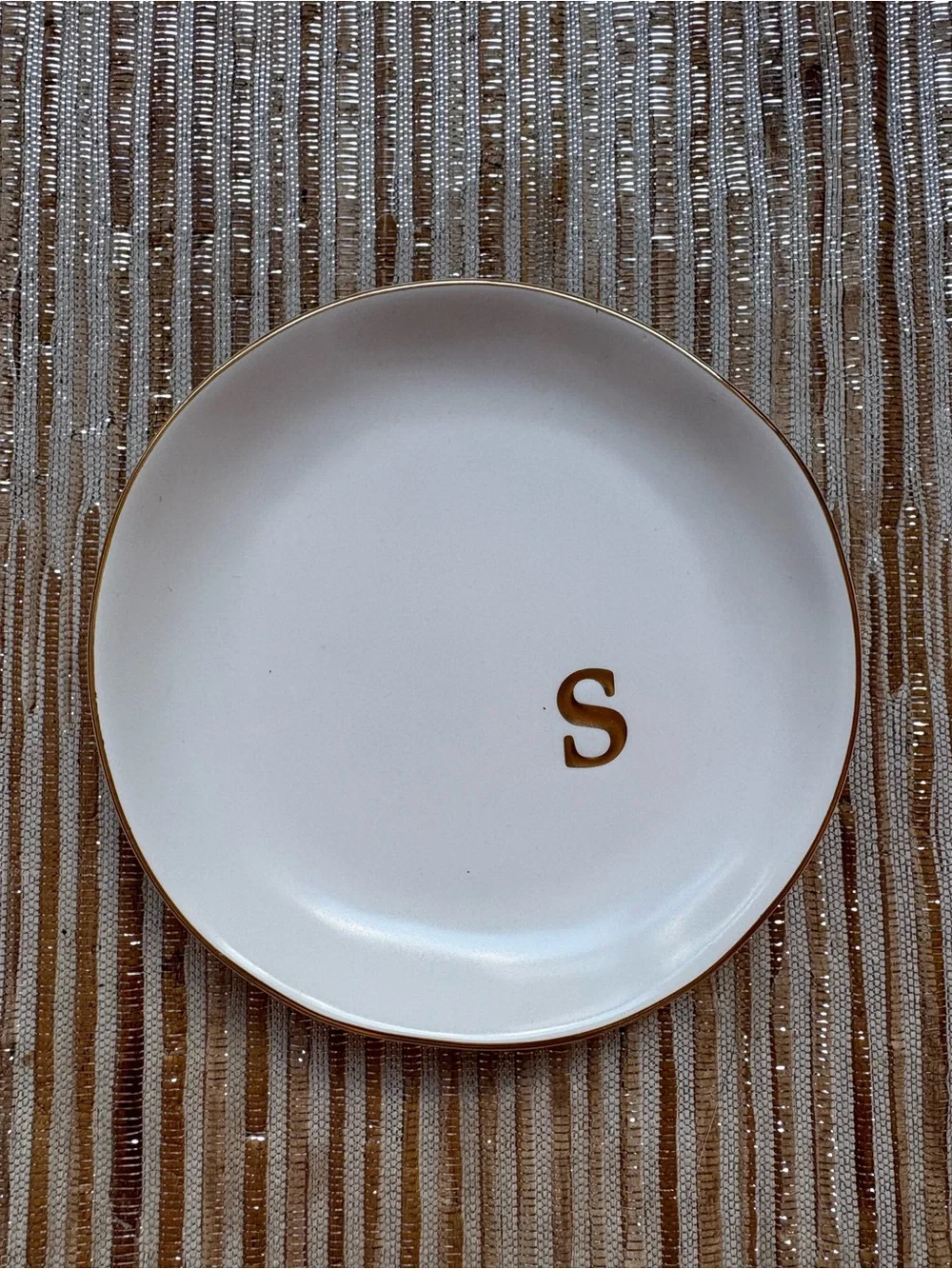 S Monogrammed Ceramic Dish with Gold Trim